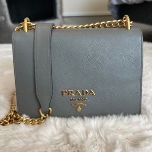 Prada Saffiano Flap Chain Grey Leather Cross Body Bag